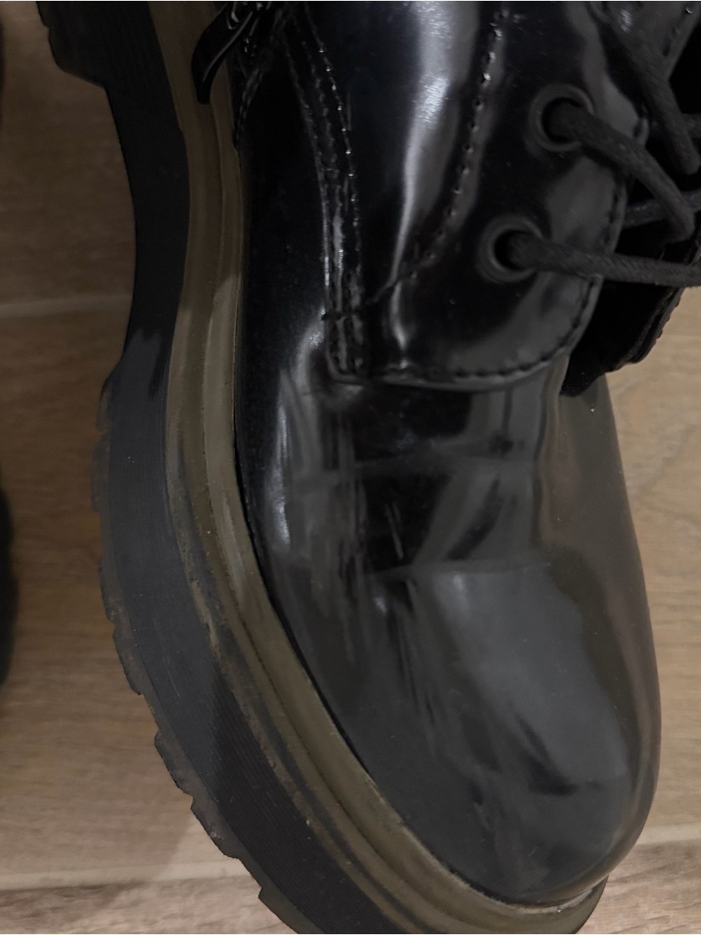Replay Black High-Shine Lace-Up Platform Boots with Khaki Trim - Picture 8 of 9